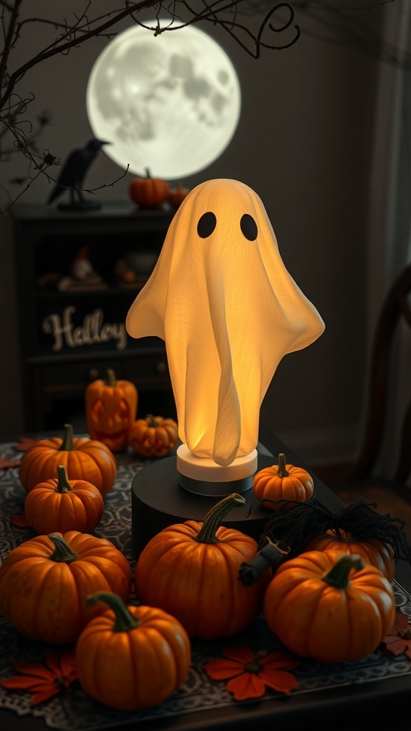 A ghost reading book lamp surrounded by pumpkins on a Halloween-themed table.
