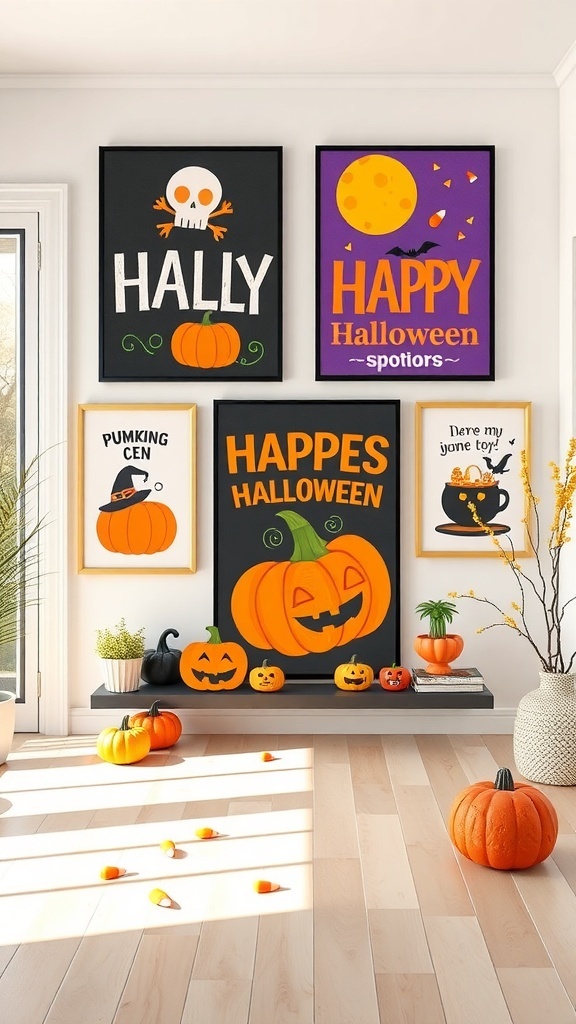 Colorful Halloween wall art prints featuring pumpkins and festive messages.