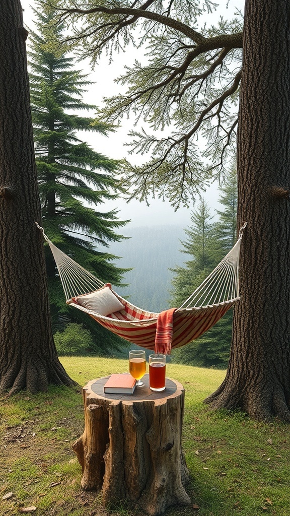 A cozy hammock between two trees with a rustic stump table holding drinks and a book.