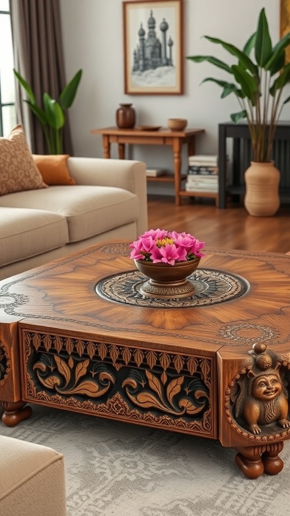 Hand-carved mango wood coffee table with intricate designs and floral patterns