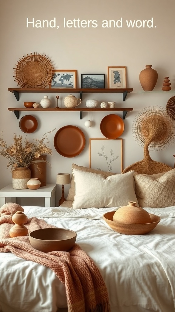A collection of hand-crafted ceramics and accessories on shelves, showcasing Japandi style with earthy tones and natural materials.