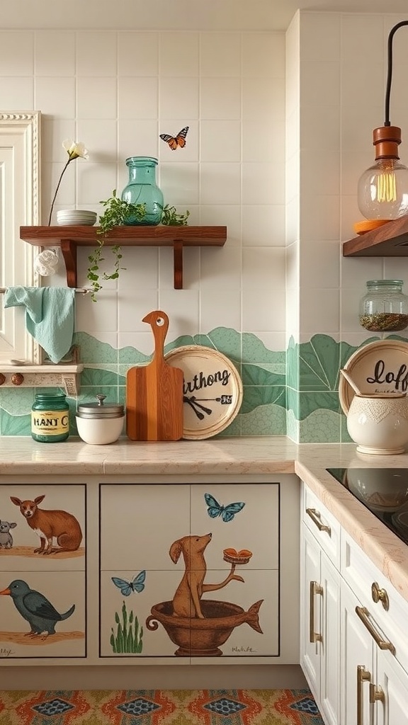 A kitchen backsplash featuring hand-painted tiles with animal illustrations and soft green accents.