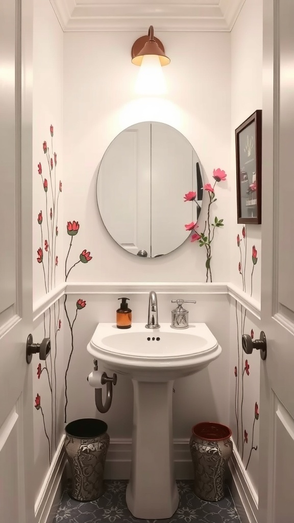A tiny powder room featuring hand-painted floral designs on the walls, a round mirror, and a stylish sink.