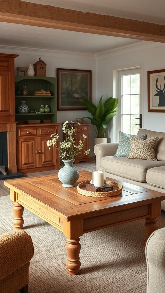 Hand-turned leg pine coffee table in a cozy living room setting