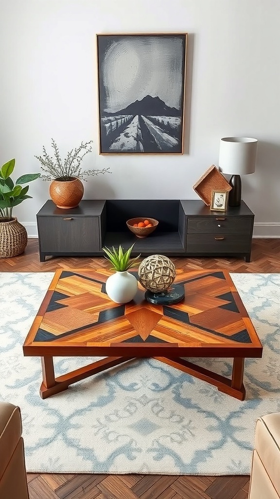 A handcrafted parquet-top coffee table with geometric wood patterns, surrounded by a cozy living room setting.