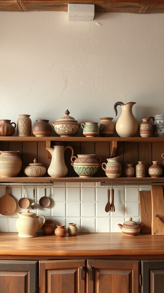 A collection of handcrafted pottery displayed on shelves in a kitchen, featuring various shapes and designs.