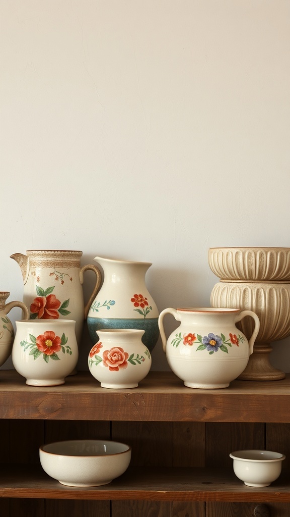 A collection of handcrafted pottery with floral designs, displayed on a wooden shelf.