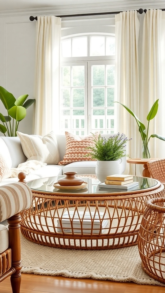 A handcrafted rattan and glass coffee table in a cozy living room setting with a light color palette and plants.