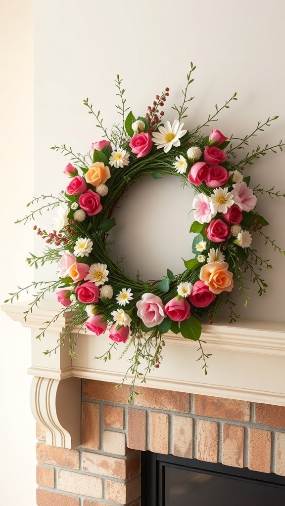 A colorful handcrafted spring wreath with pink and peach roses, daisies, and greenery, displayed above a brick mantel.