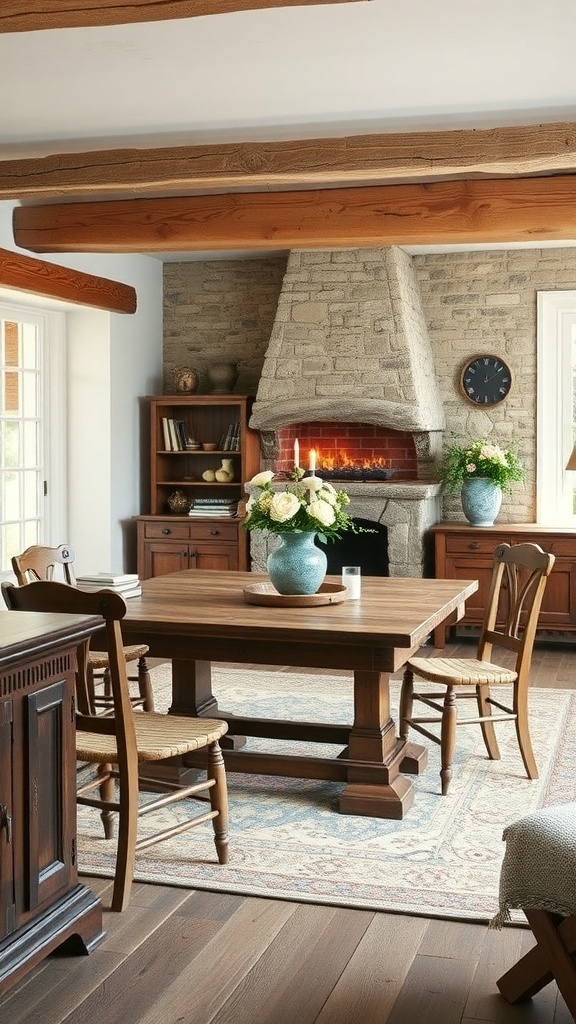 A rustic living room featuring a wooden table, ladderback chairs, and a stone fireplace, showcasing handcrafted furniture.