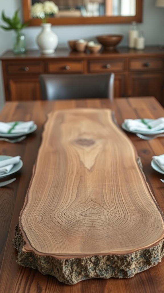 A handcrafted wooden centerpiece on a dining table, featuring a natural wood slab with unique grain patterns.