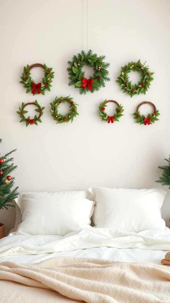 A wall display of small handcrafted wreaths with red bows above a cozy bed.