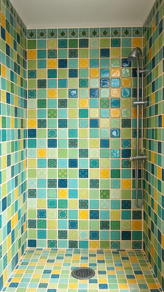 A colorful shower featuring handcrafted zellige tiles in shades of blue, green, and yellow.