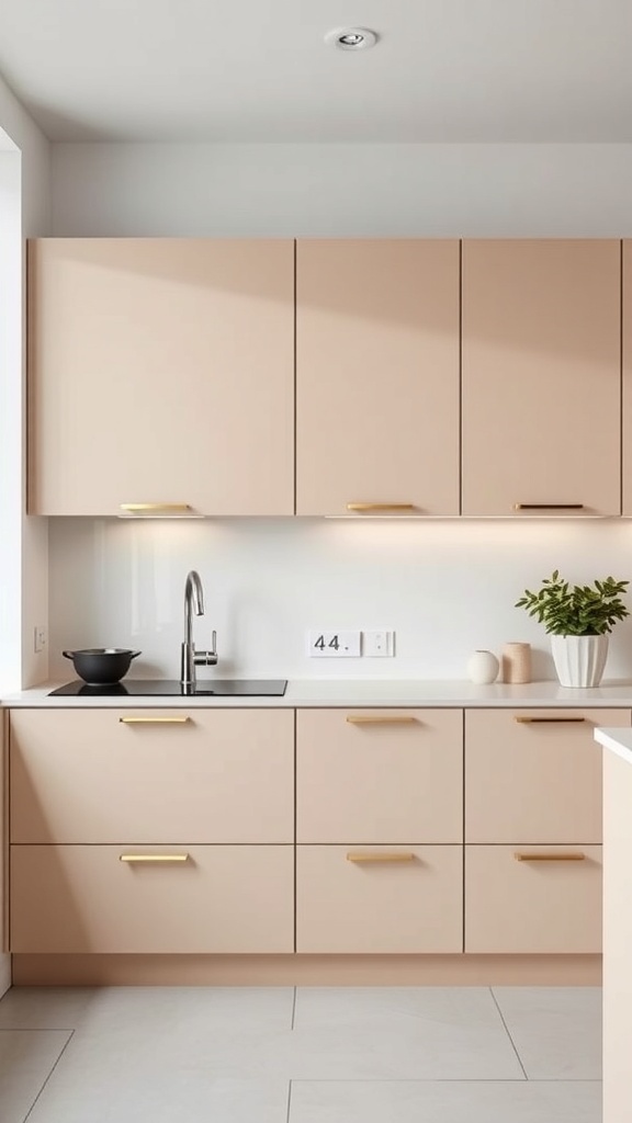 A modern kitchen featuring handleless cashmere cabinets with gold accents, showcasing a minimalist design.