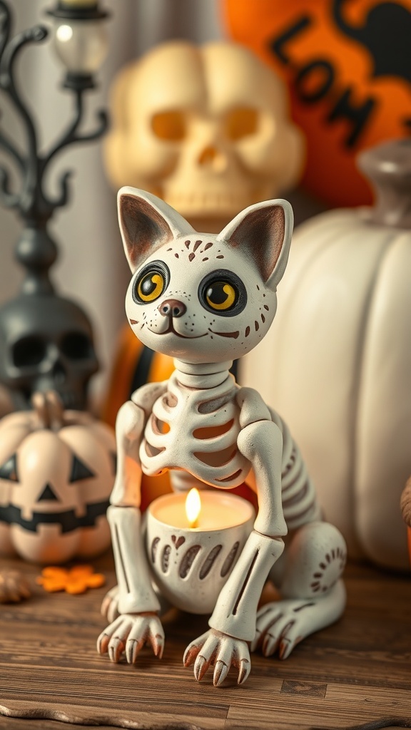 A handmade clay skeleton cat tealight holder with big eyes, sitting with a candle inside, surrounded by Halloween decorations.