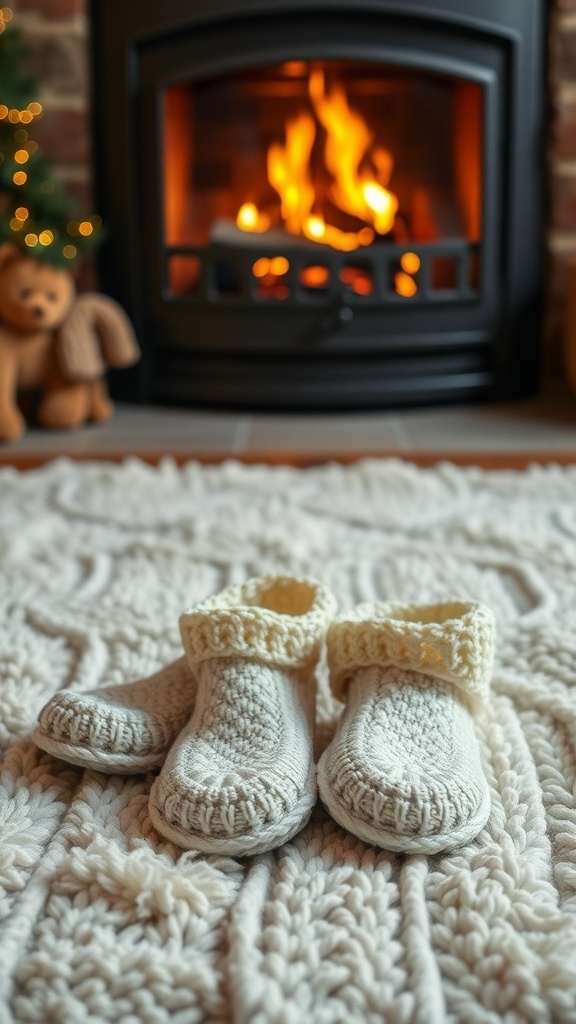 Cozy handmade crochet slippers in front of a fireplace