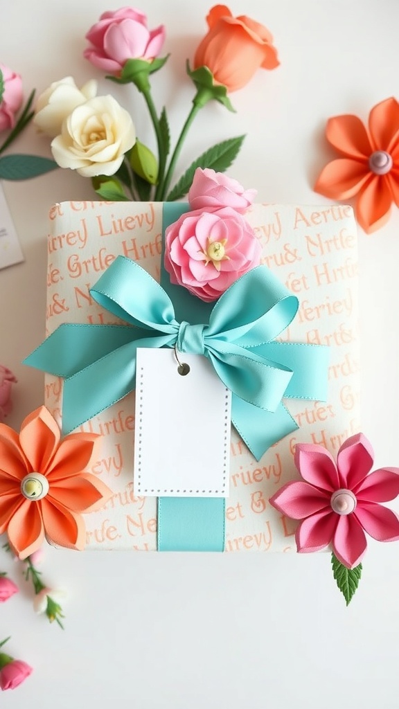 A beautifully wrapped gift with a turquoise ribbon and colorful paper flowers.
