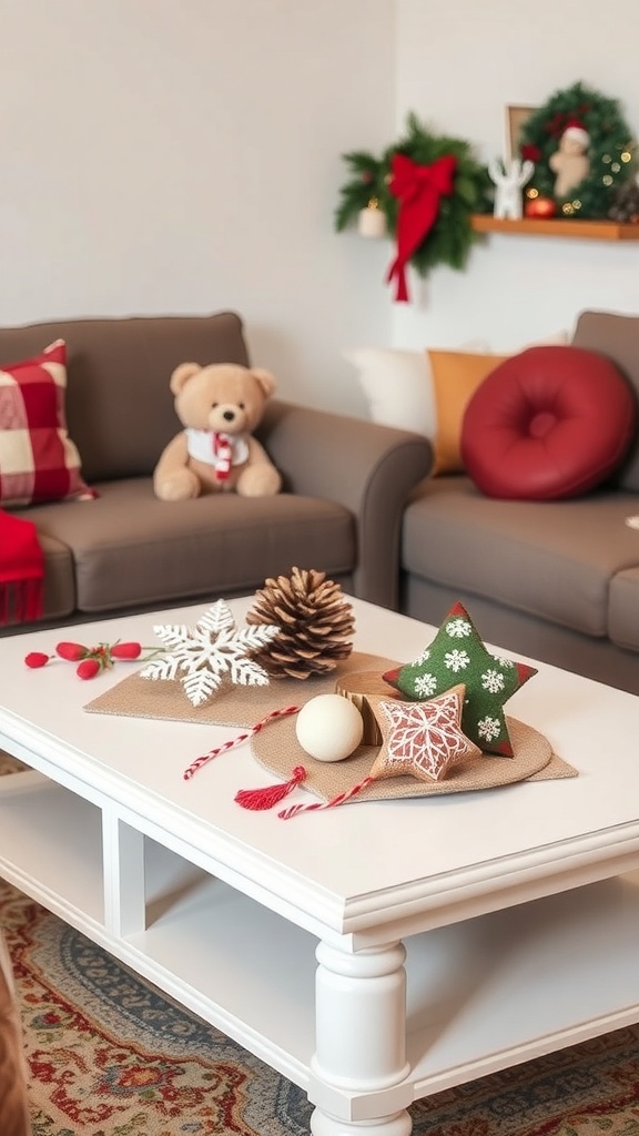 A cozy coffee table decorated with handmade Christmas crafts, including snowflakes, stars, and a pinecone, set in a warm living room.