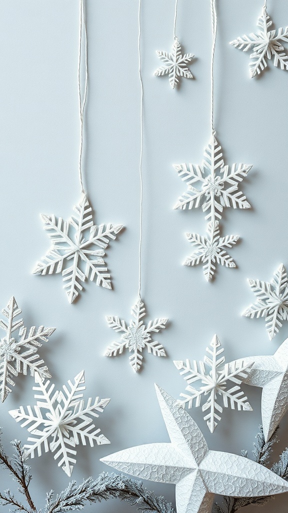 Handmade white paper snowflakes and stars hanging against a light background