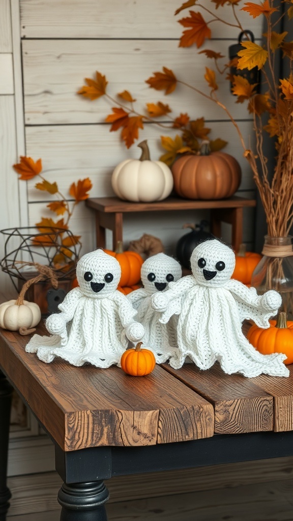 Three handmade yarn ghosts on a wooden table with pumpkins and autumn leaves.