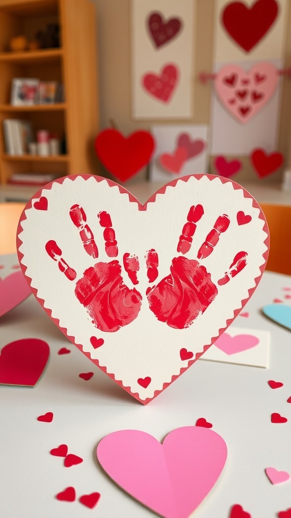 A heart-shaped keepsake featuring red handprints on a white background, surrounded by smaller paper hearts.