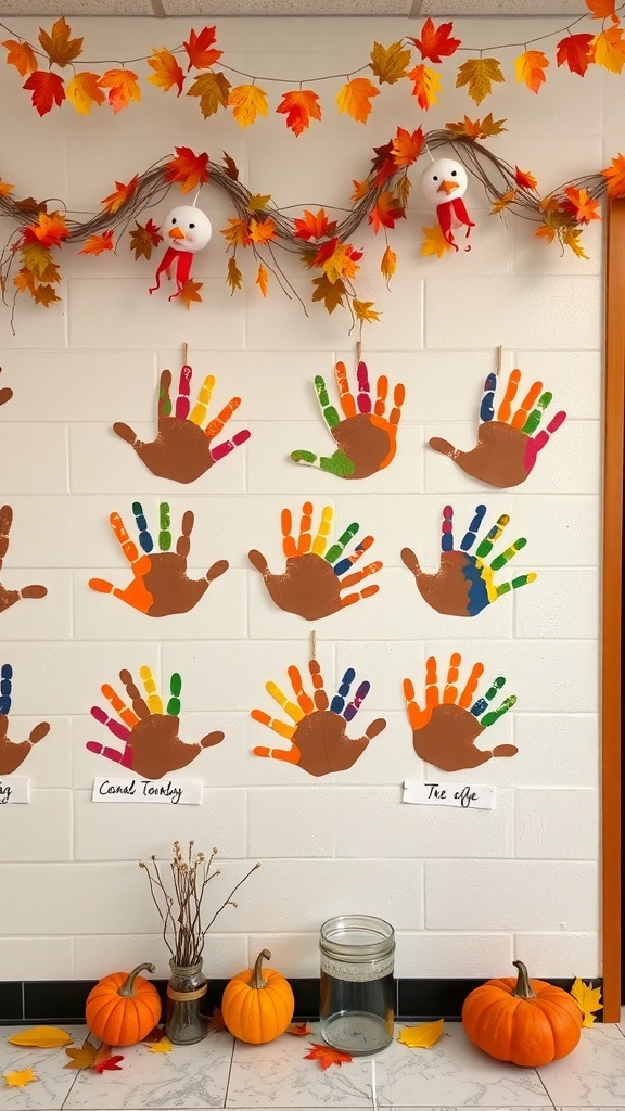 Colorful handprint turkeys displayed on a wall with autumn leaves and pumpkins.