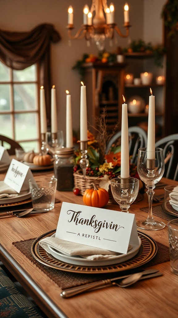 A beautifully set Thanksgiving table with handwritten place cards, tall candles, and vintage decor.