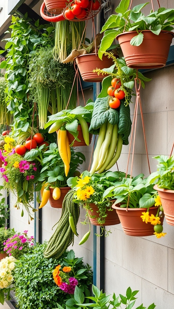 A vibrant vertical garden featuring hanging baskets filled with tomatoes, leafy greens, and colorful flowers.
