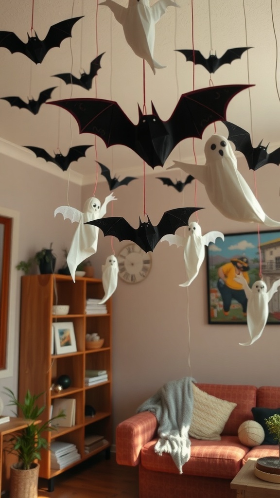 Hanging bats and ghosts decoration in a cozy living room