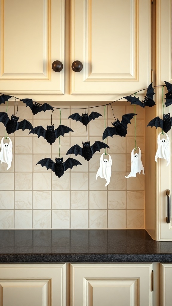 Hanging bats and ghost garlands in a kitchen setting
