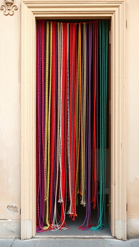 Colorful beaded curtains hanging in a doorway