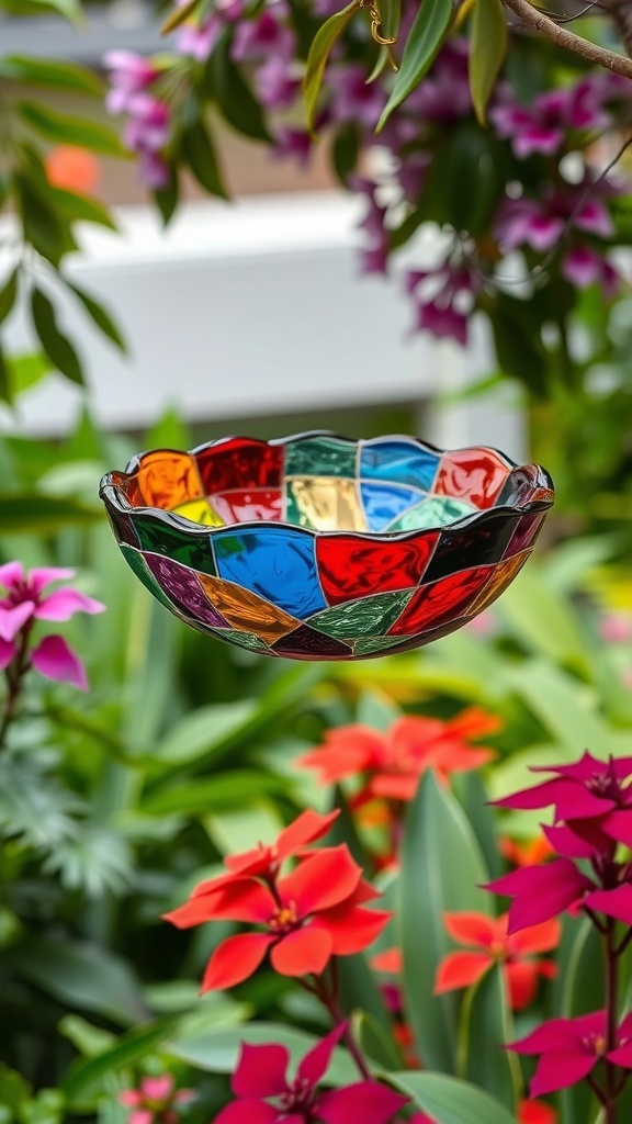 A colorful hanging bird bath with glass accents, surrounded by vibrant flowers.