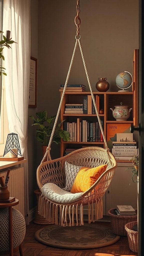 A cozy reading nook featuring a hanging chair, surrounded by bookshelves and plants, creating a warm and inviting atmosphere.