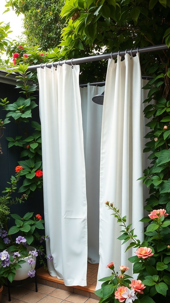Outdoor shower with hanging white curtains surrounded by flowers and greenery