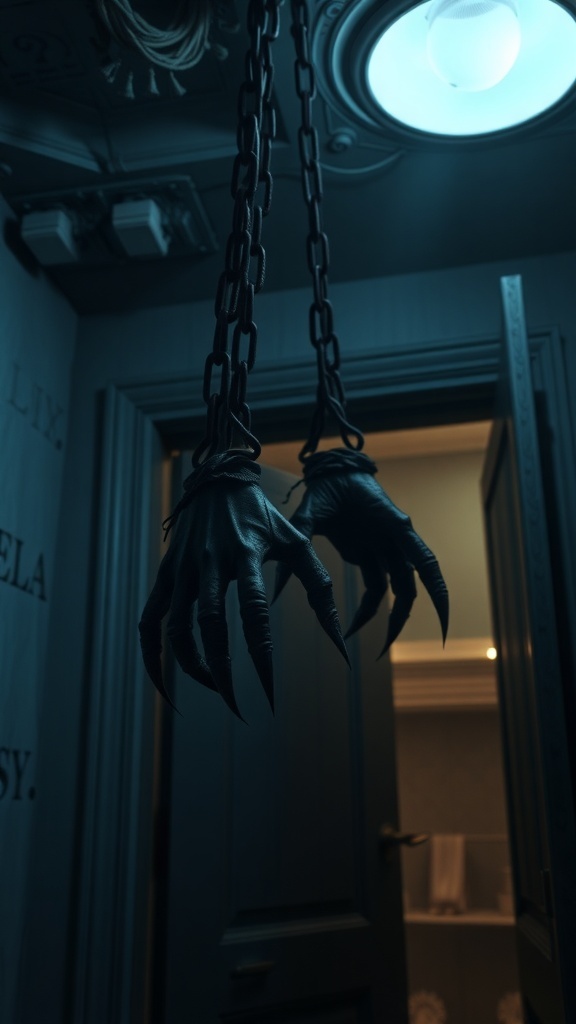 Hanging devil hands with sharp claws suspended from chains in a dimly lit room