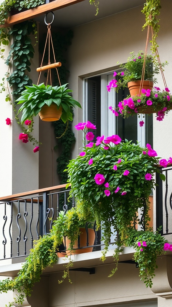 A small balcony with hanging planters filled with vibrant flowers and greenery.