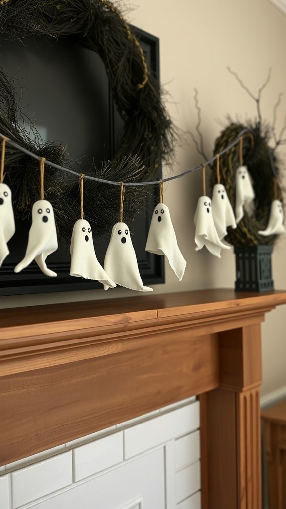 A string of mini ghost decorations hanging on a garland, featuring white fabric ghosts with black eyes, set against a cozy home backdrop.