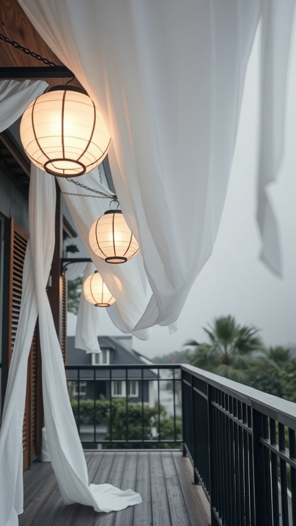 Hanging ghost lanterns with white fabric draped on a balcony
