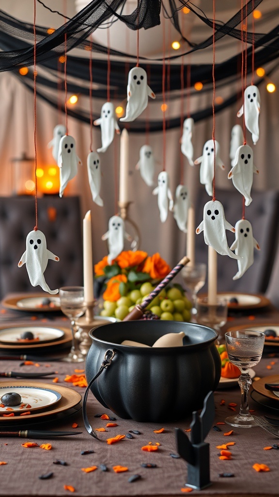 A Halloween party table decorated with hanging ghost figures, candles, and a black cauldron.