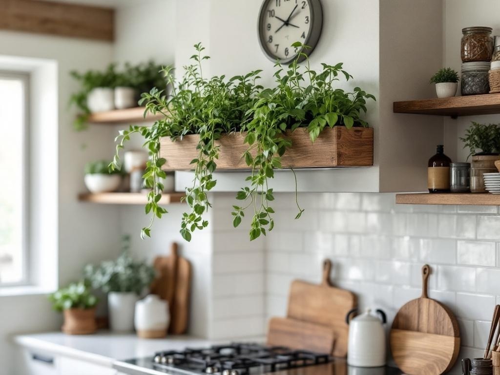 A stylish kitchen featuring a hanging herb garden above the vent hood.