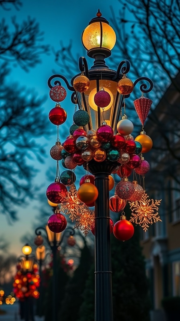 A lamp post decorated with colorful hanging ornaments and snowflakes, glowing warmly in the evening light.