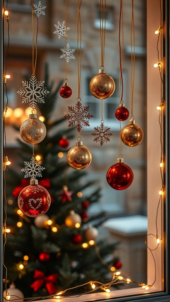 Colorful ornaments and snowflakes hanging in a window with warm lights.