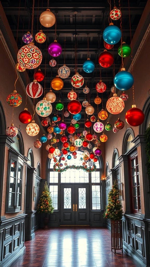 Colorful Christmas ornaments hanging from ceiling hooks in an entryway.