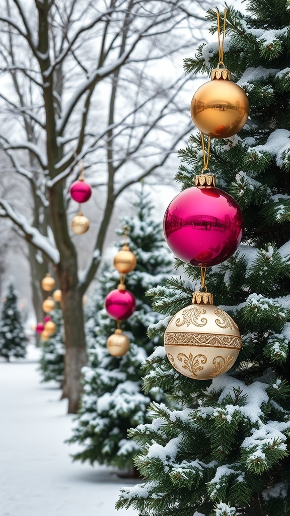 Colorful ornaments hanging on snow-covered trees
