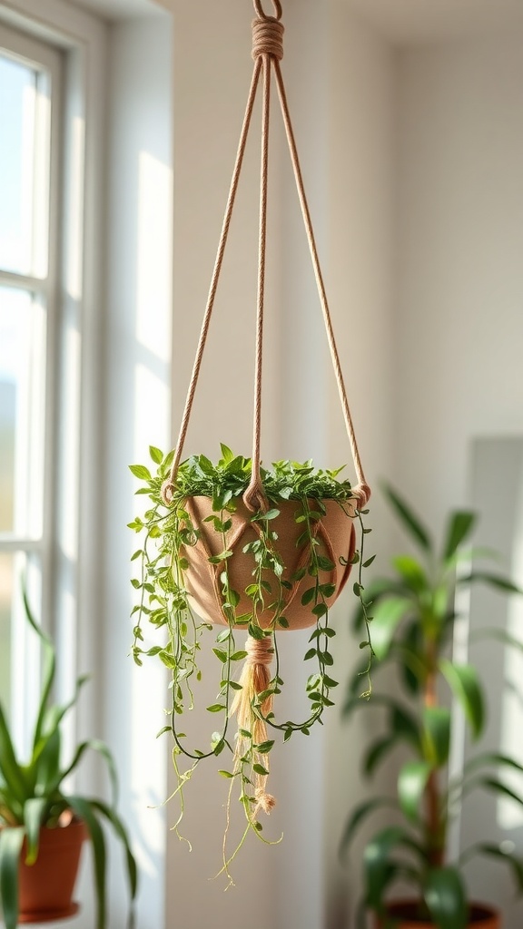 A hanging ceramic plant pot with trailing vines, suspended by natural rope, in a bright room