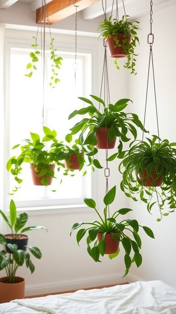 A bright bedroom featuring various hanging planters with lush green plants.