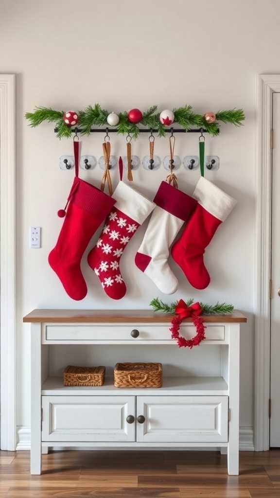 Colorful Christmas stockings hanging on hooks with greenery and ornaments above, displayed in a cozy foyer.