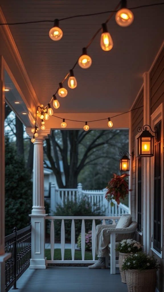 A cozy front porch with hanging string lights illuminating the space