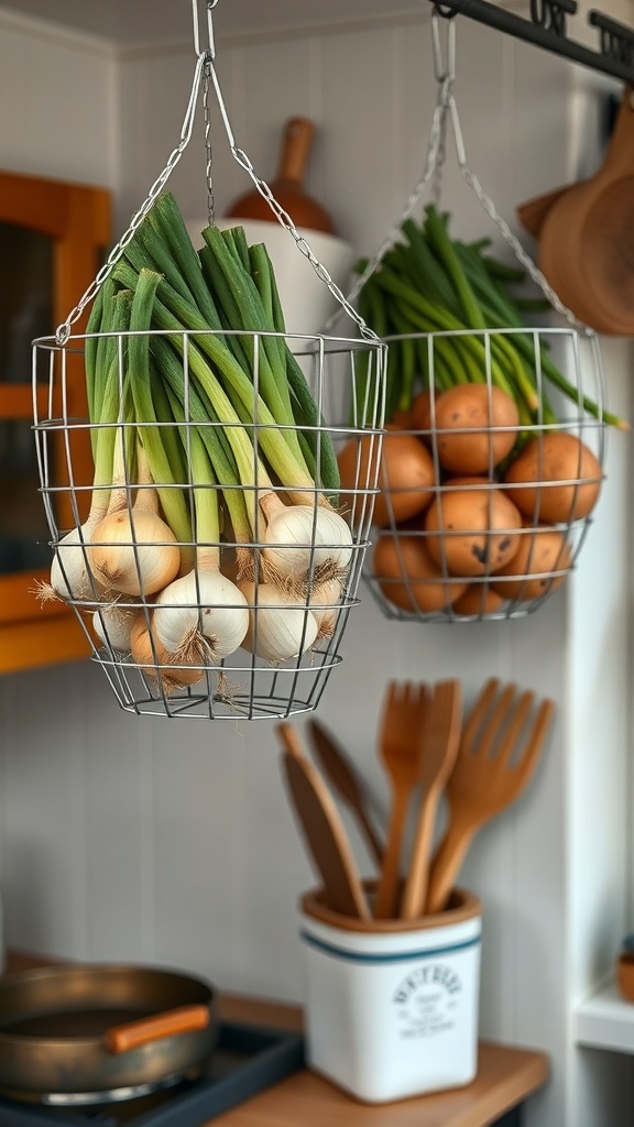 Hanging wire baskets with green onions and potatoes in a kitchen setting.