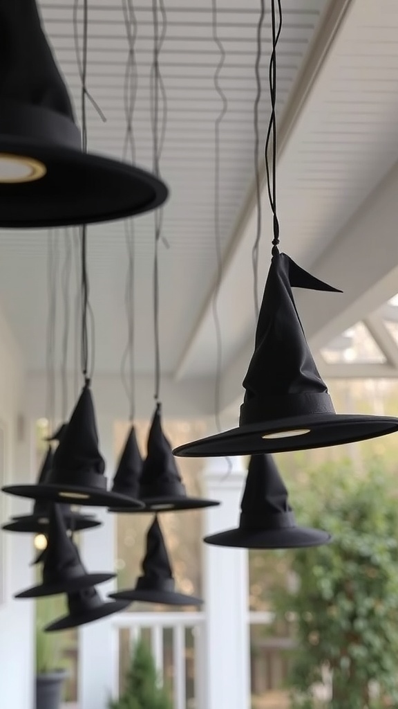 Hanging black witch hats from a porch ceiling